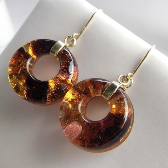 14KY GOLD Venetian Glass Dangle EARRINGS Italy - Picture 3 of 4